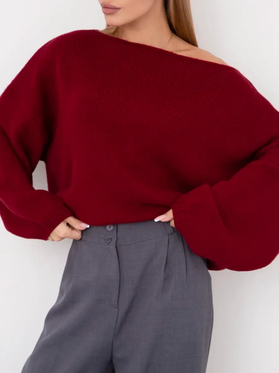 Ruby Sweater by Lauven, an oversized knit sweater with boat neck in deep ruby red.