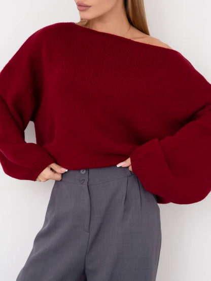 Ruby Sweater by Lauven, an oversized knit sweater with boat neck in deep ruby red.