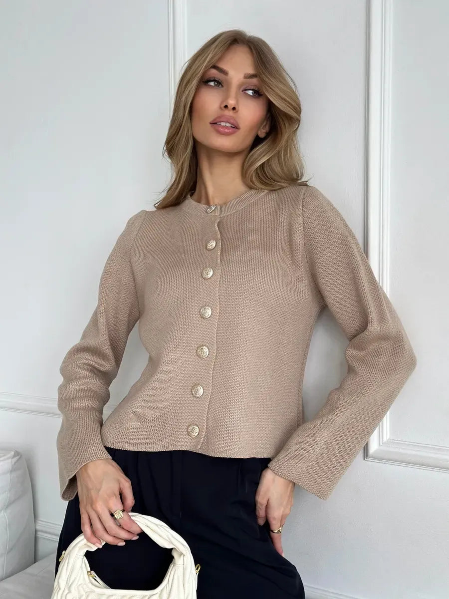 Sable Cardigan by Lauven - Breathable cropped knitwear in solid beige, perfect for stylish comfort.