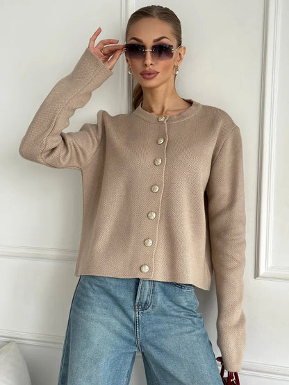 Sable Cardigan by Lauven, stylish cropped beige knitwear with button details, perfect for trendy women's fashion.