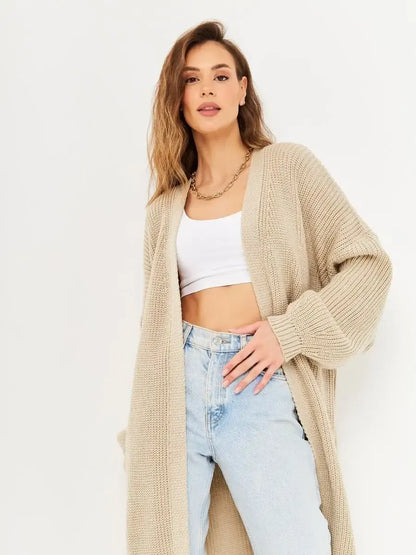 Sable Cardigan by Lauven, a long oversized knitwear coat in beige, perfect for stylish autumn layering.