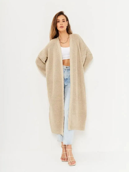Sable Cardigan by Lauven - Long oversized knitwear coat for women in beige, perfect for layering with comfort and style.