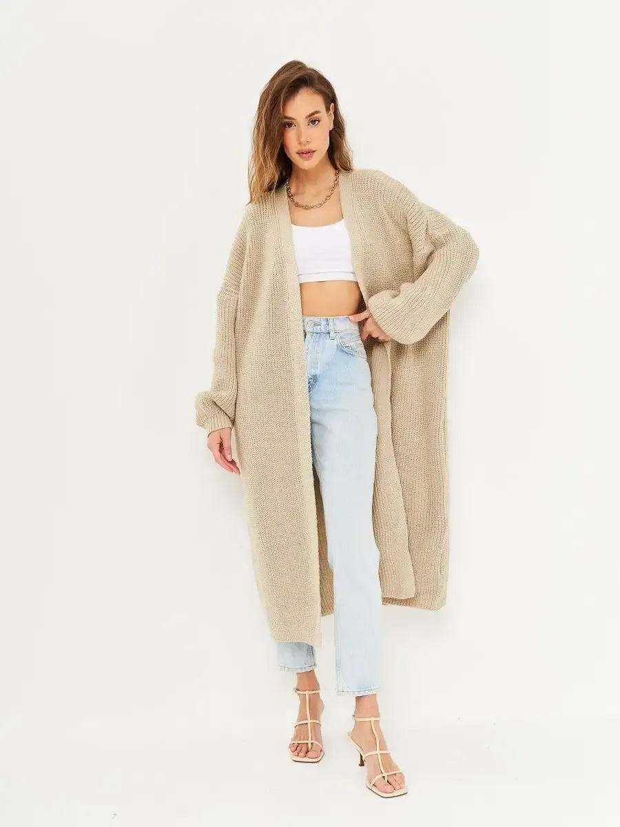 Sable Cardigan by Lauven, stylish long oversized knitwear coat in beige, perfect for autumn layering.