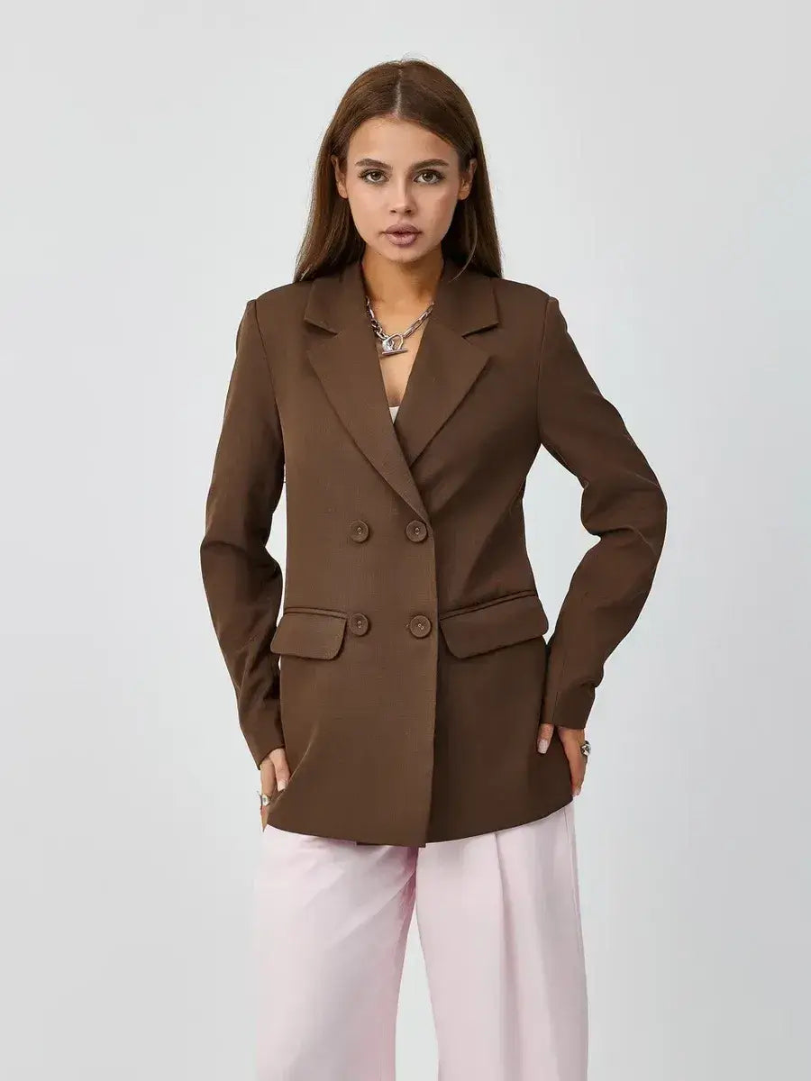 Saffron Blazer in chocolate color, featuring an oversized double-breasted design by Lauven.