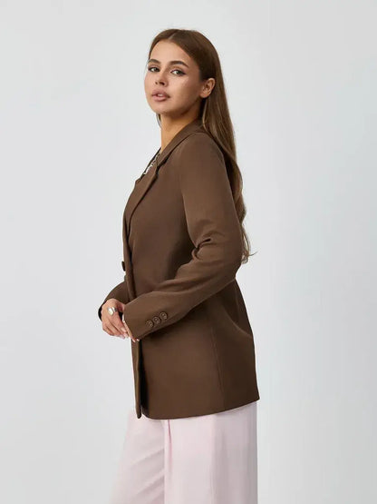 Saffron Blazer by Lauven - Elegant oversized double-breasted chocolate blazer for modern women.