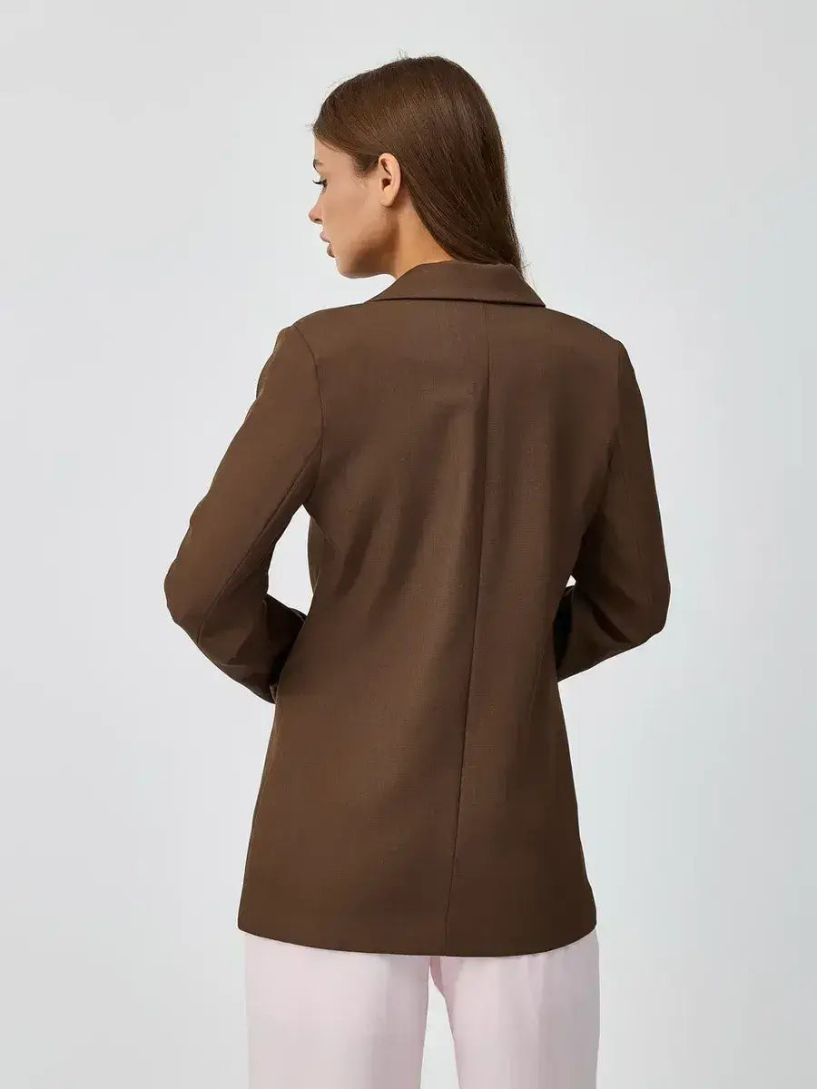 Saffron Blazer from Lauven showcasing elegant chocolate oversized double-breasted design from the back.