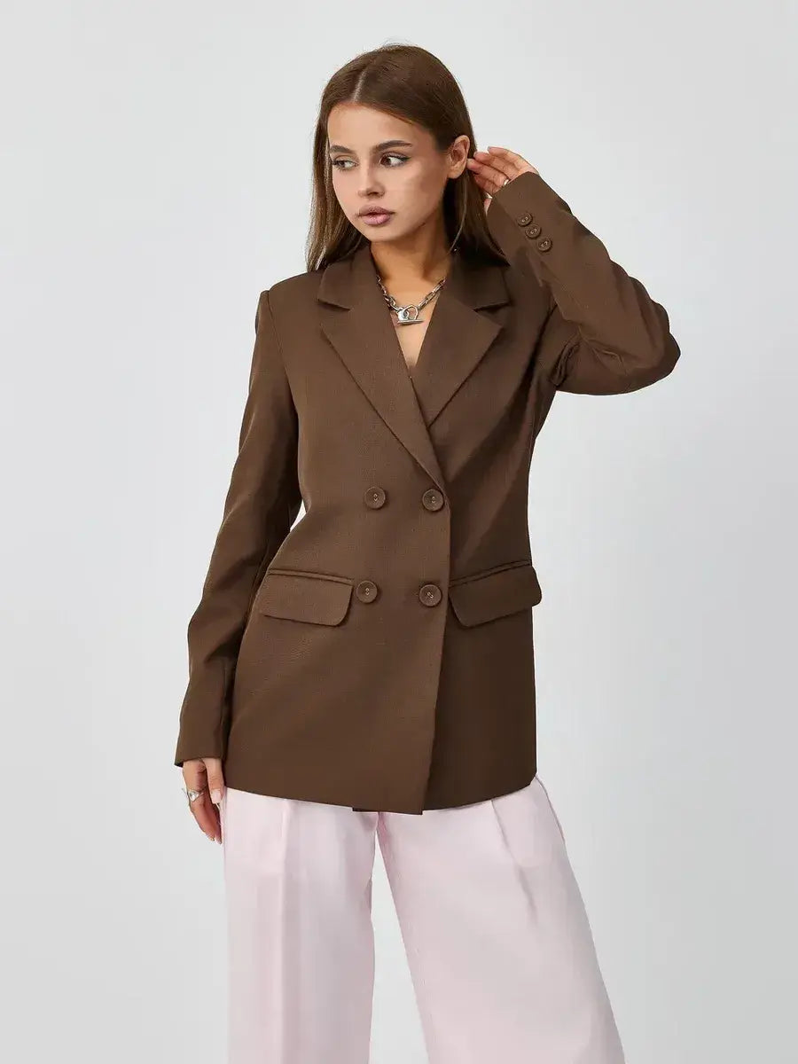 Saffron Blazer by Lauven, elegant oversized double-breasted chocolate blazer for women.