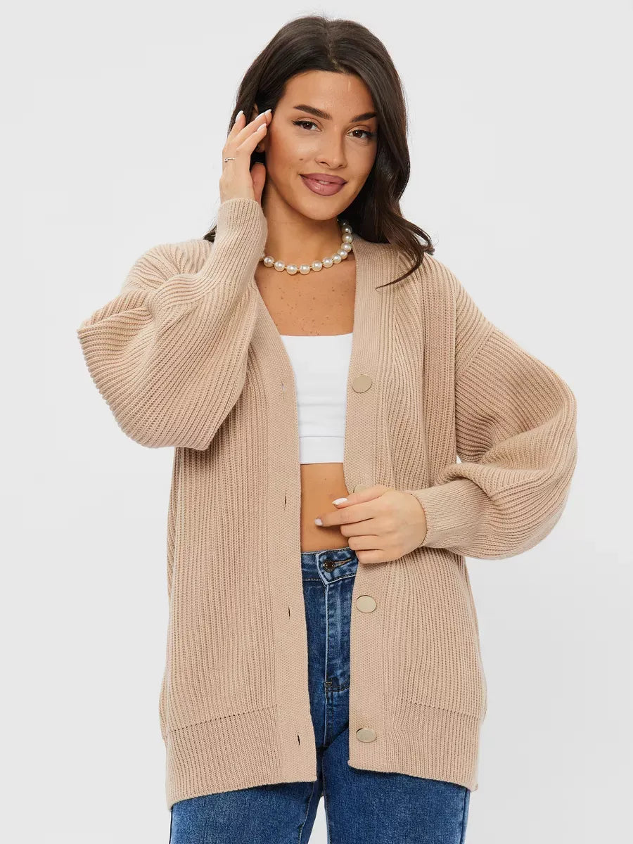 Lauven Sandstone Cardigan - Oversized wool blend knitwear in beige, perfect for stylish comfort.