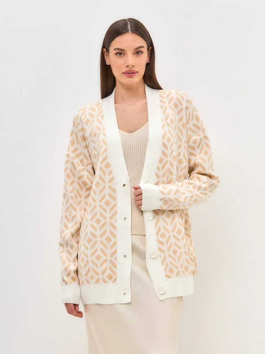 Sandy Cardigan by Lauven, longline acrylic knitwear in soft beige with stylish pattern, perfect for layering in any season.