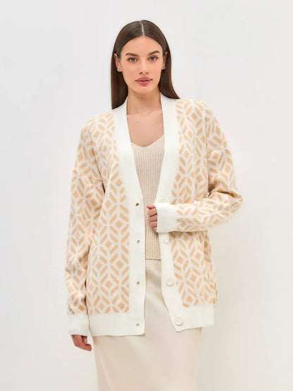 Sandy Cardigan by Lauven, longline acrylic knitwear in soft beige with stylish pattern, perfect for layering in any season.