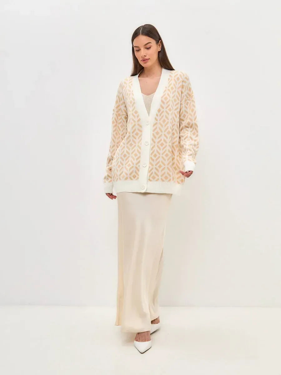 Sandy Cardigan by Lauven, lightweight acrylic knitwear in soft beige, perfect for layering and stylish comfort.