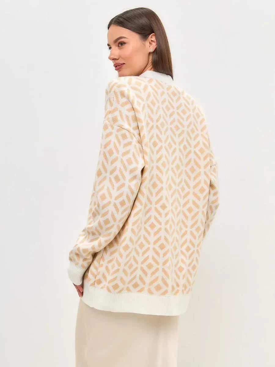 Sandy Cardigan by Lauven, lightweight longline acrylic knitwear in soft beige with stylish pattern.
