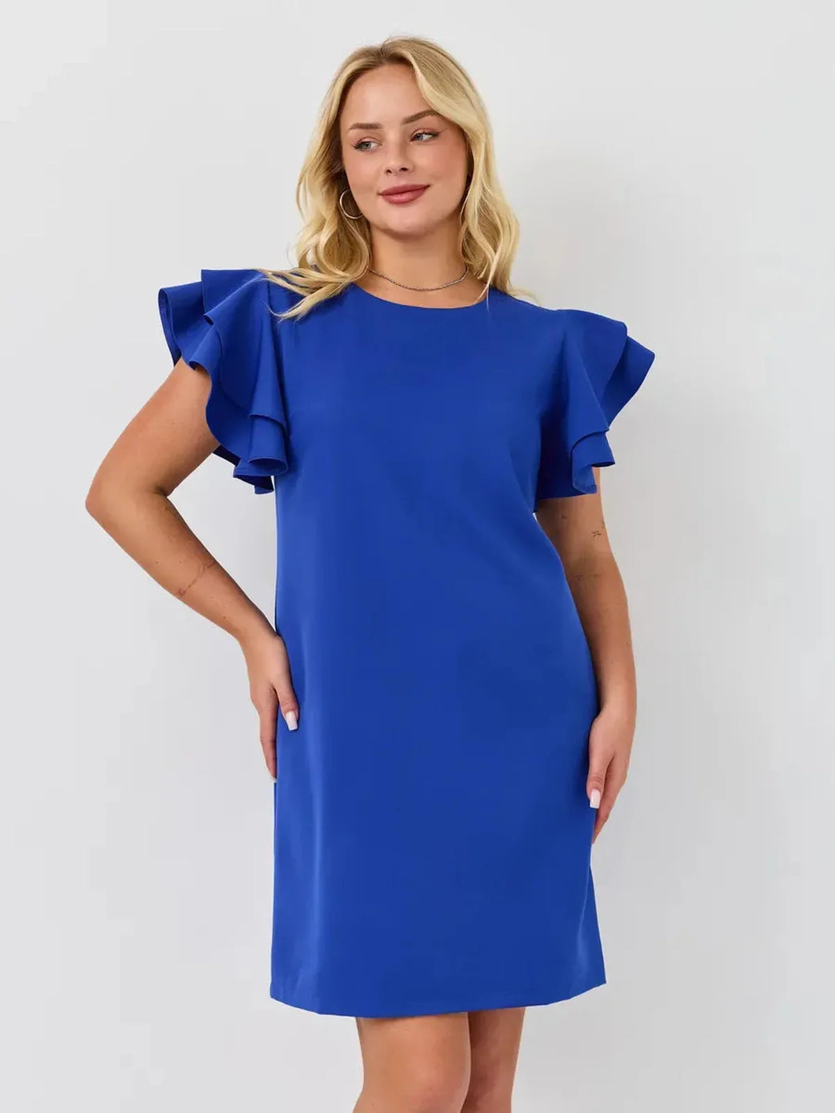Sapphire blue mini dress with ruffle sleeves, exuding effortless elegance and vibrant charm for summer outings.
