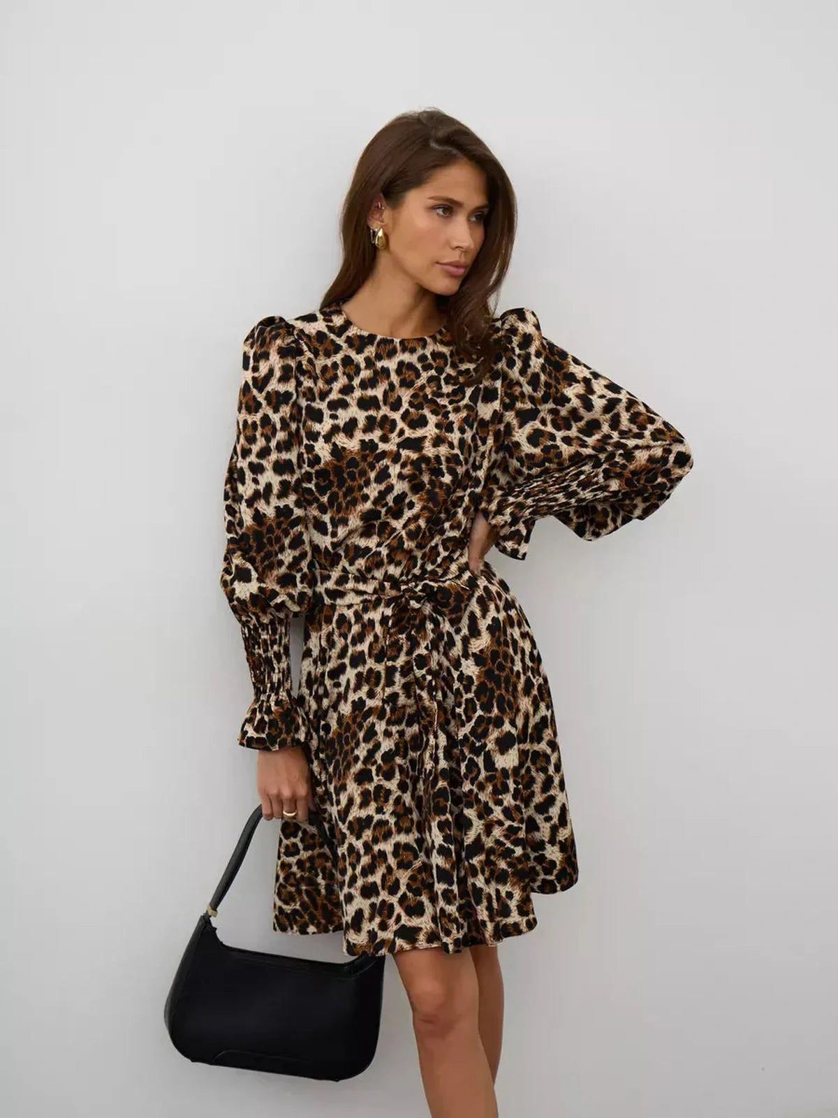 Savannah Mini Dress in leopard print with long sleeves and tie belt, exuding bold style and effortless allure.