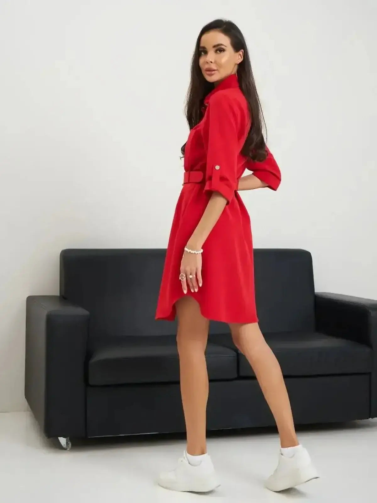 Scarlet Belted Mini by Lauven, featuring a striking red color, sculpted fit, and chic shirt-dress design.