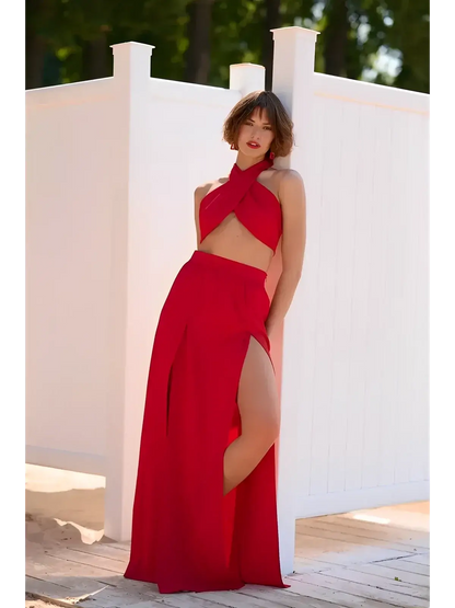 Scarlet Mirage Set by Lauven - Summer two-piece featuring draped top and high-waisted slit skirt in vibrant red.