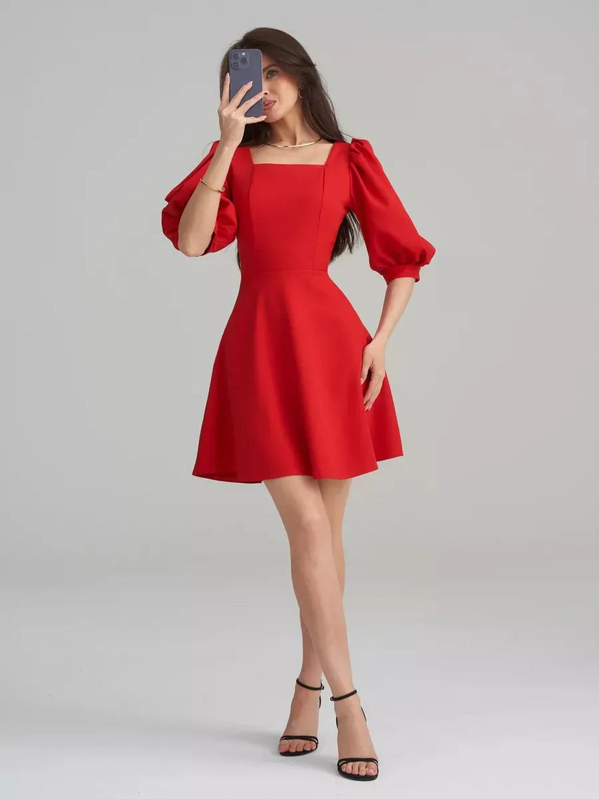 Scarlet Muse Red Mini Dress featuring a square neckline, puff sleeves, and flared skirt, ideal for elegant looks.