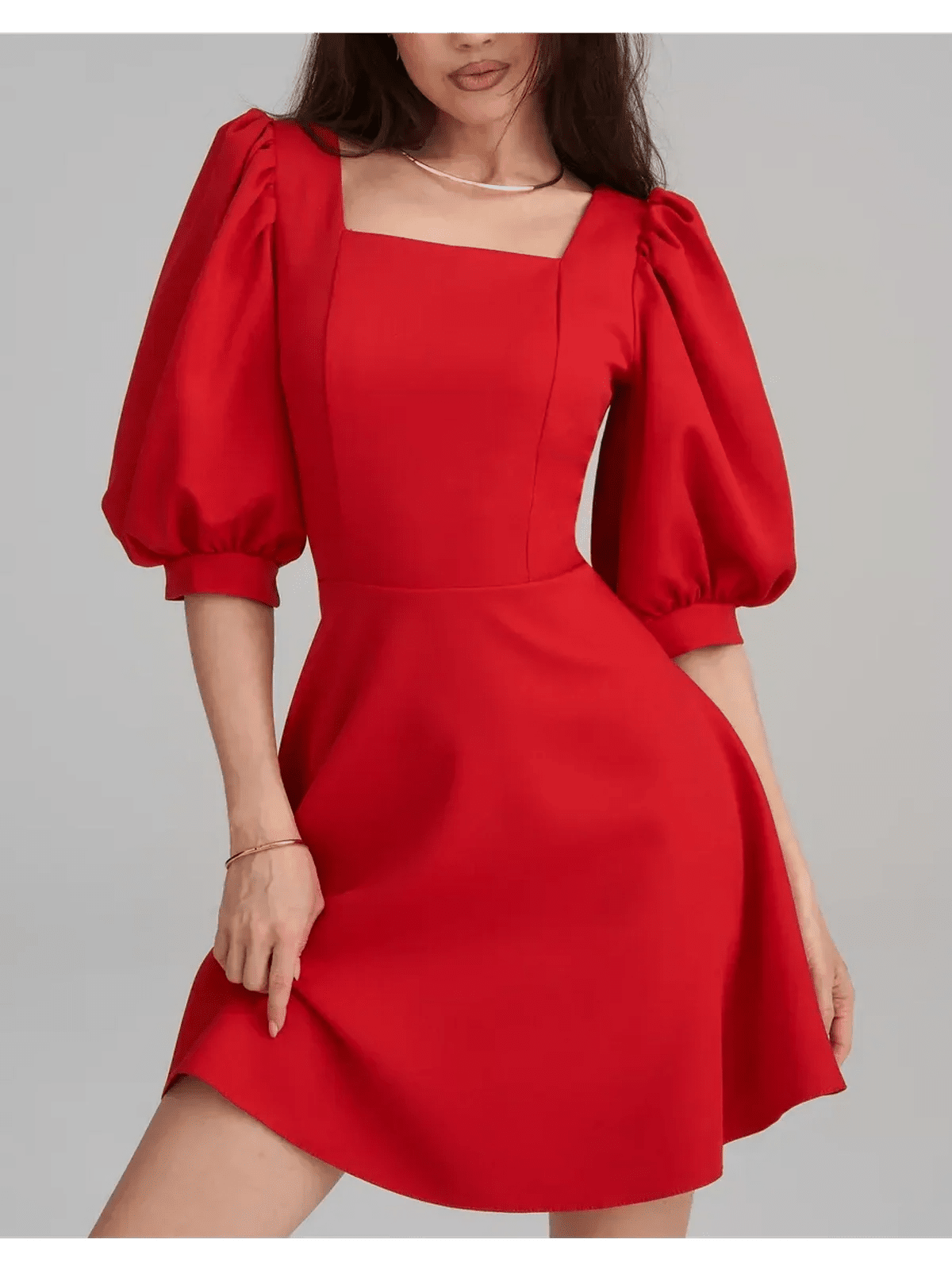 Scarlet Muse Red Mini Dress featuring square neck, puff sleeves, and flared skirt for elegant style.