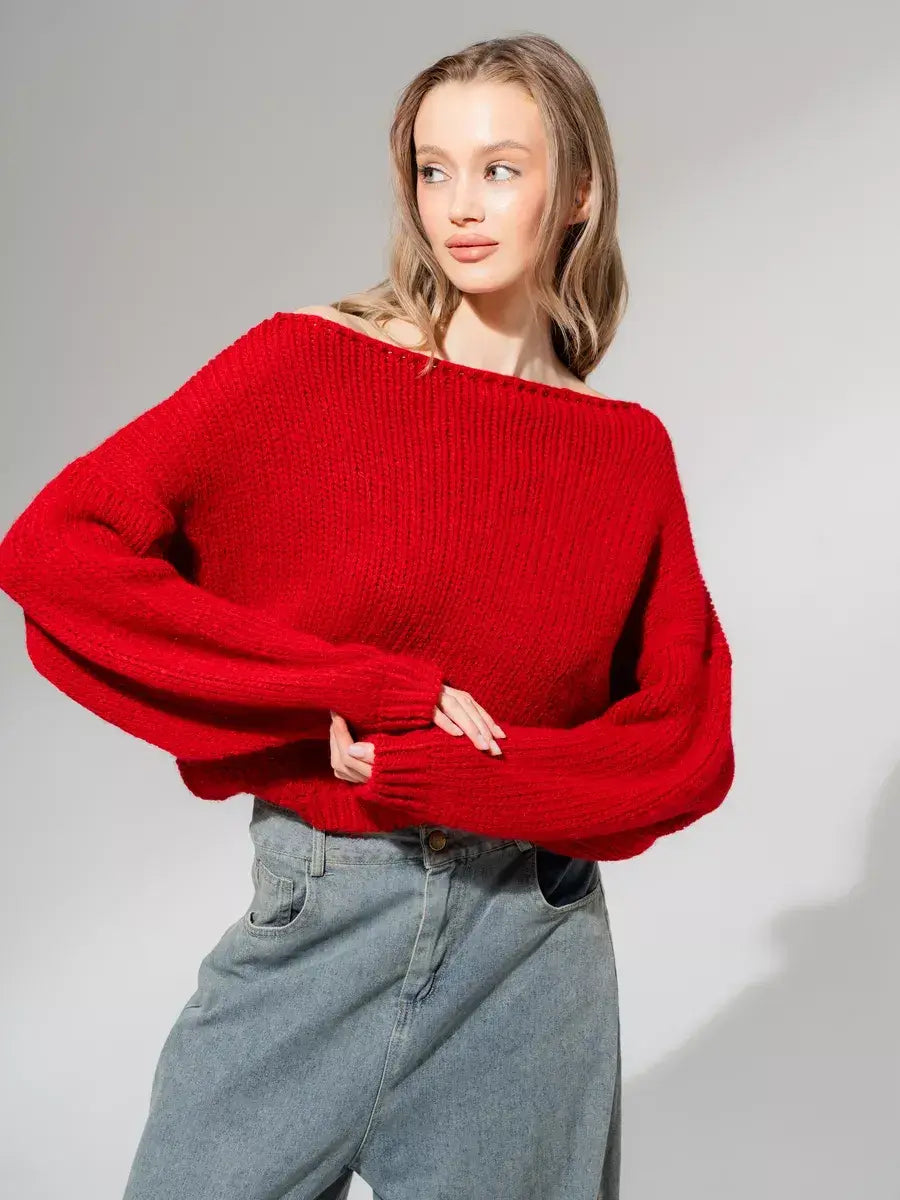 Lauven Scarlet Sweater - Oversized Off-Shoulder Knit in Deep Red, perfect for a chic everyday look.