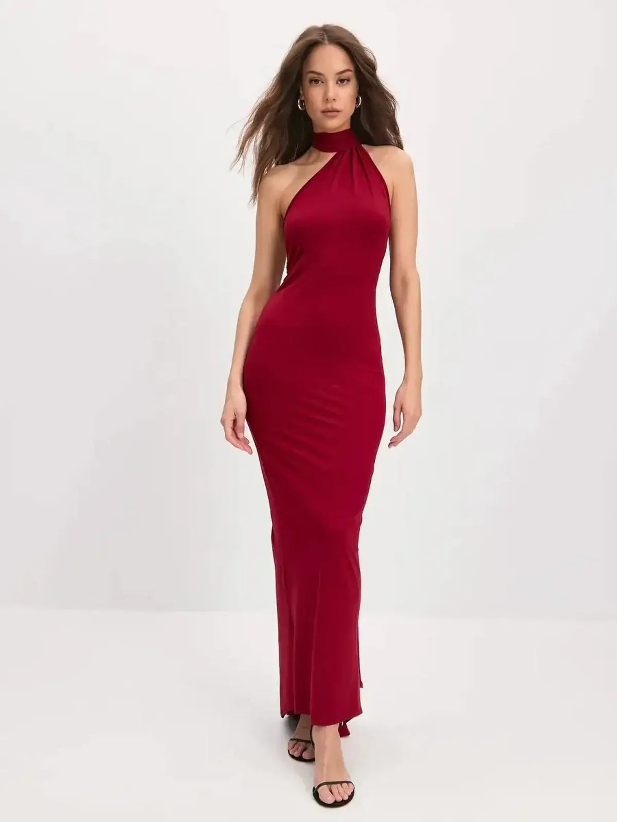 Sculpted Flame Maxi Dress with a sleek one-shoulder design in bold red, accentuating a flattering silhouette for formal occasions.