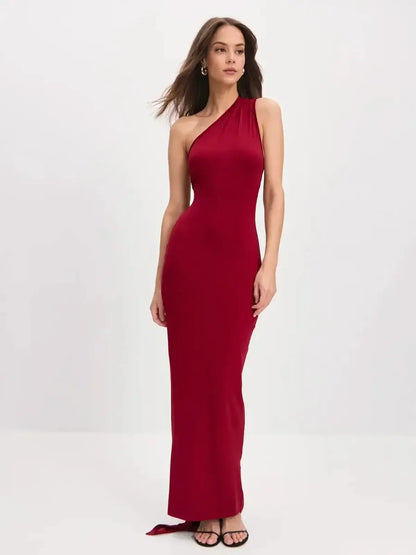 One-shoulder sleek red maxi dress with flowing scarf detail, perfect for formal events and summer galas.