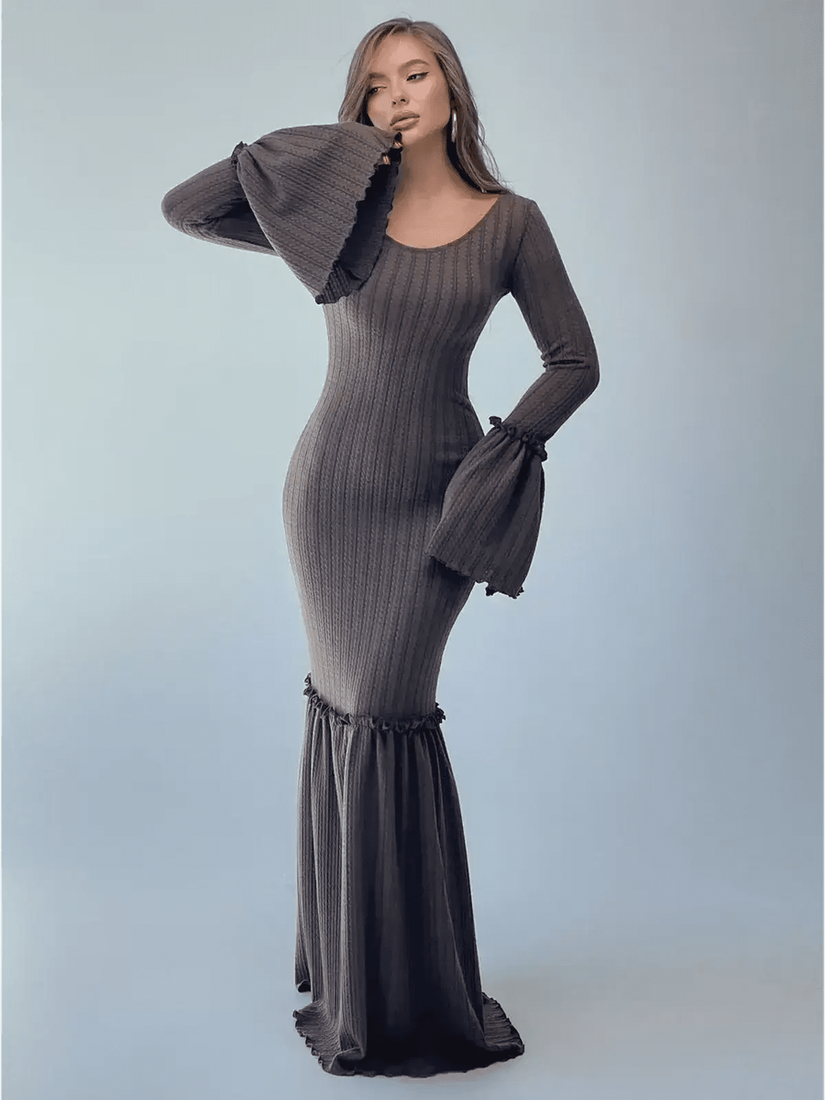 Sculpted Grace Maxi Dress in rich chocolate brown. Elegant body-contouring fit with flared sleeves and dramatic fishtail hem.