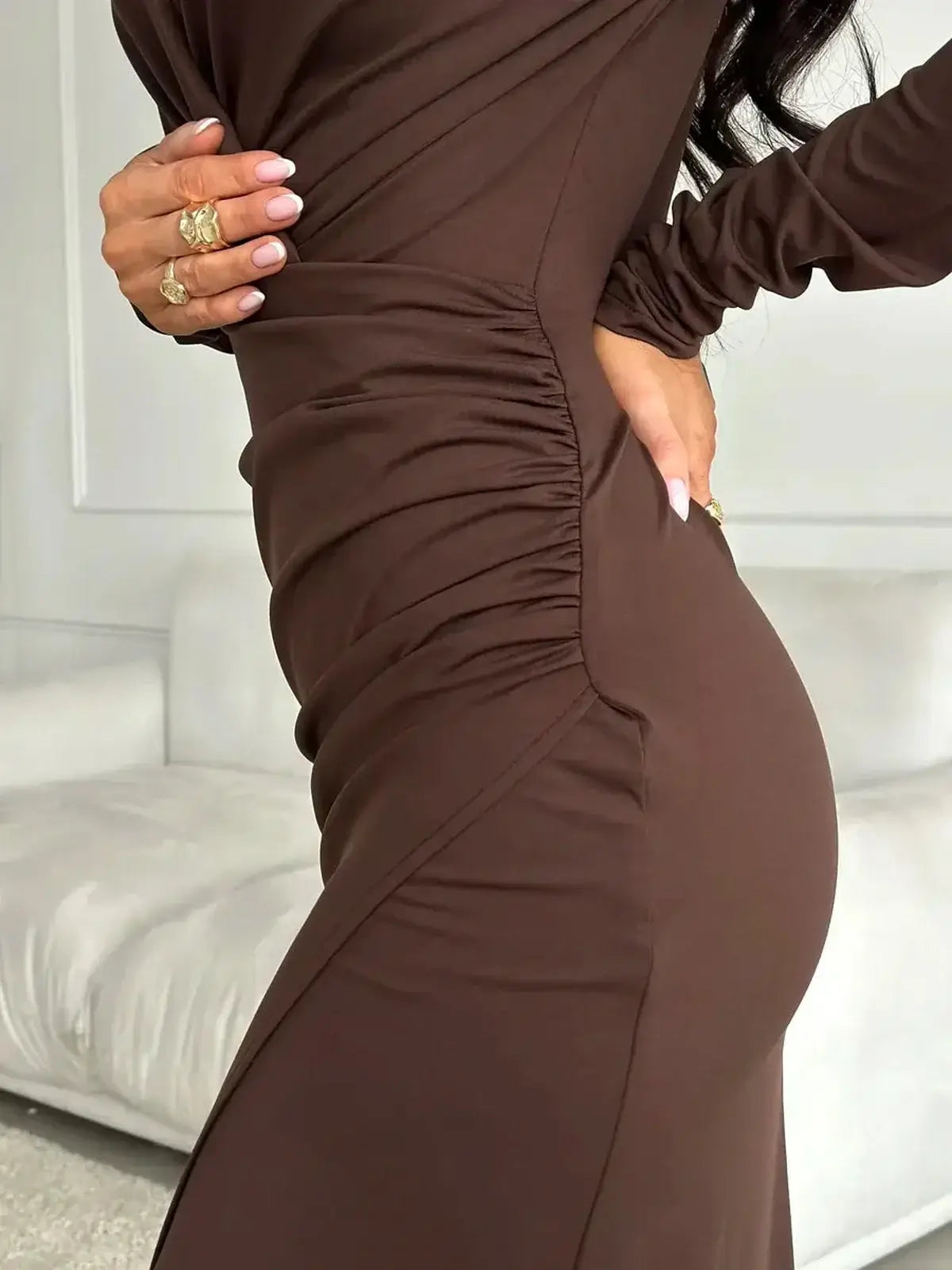 Close-up of the Sculpted Grace Maxi Dress highlighting elegant ruching and a flattering silhouette in rich chocolate color.
