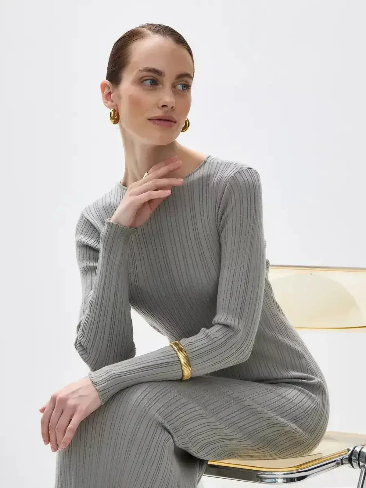 Sculpted Grace Maxi Dress by Lauven – Elegantly showcased in soft ribbed knit for a sculptural fit and minimalist style.