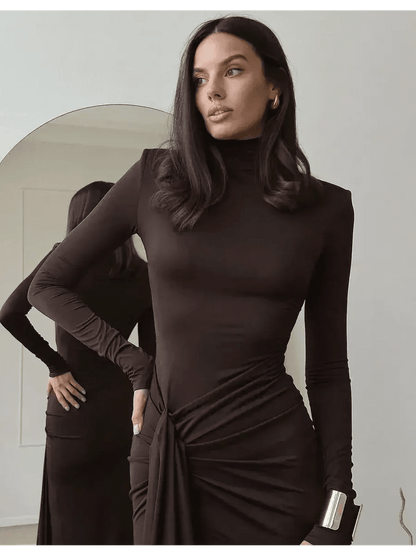 Sculpted Grace Maxi Dress in rich chocolate brown, featuring a long sleeve silhouette and artful draped detailing.