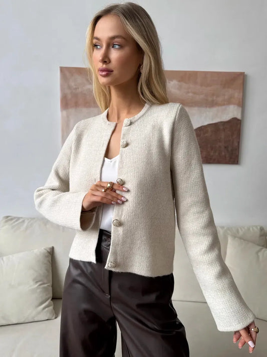 Selene Cardigan by Lauven - Chic beige cropped knitwear with decorative buttons and relaxed fit for modern women.