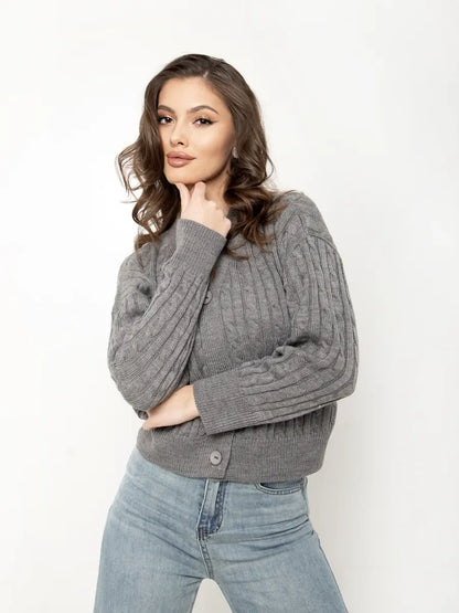 Selene Cardigan by Lauven - stylish cropped gray knit with button closure modeled by a woman.