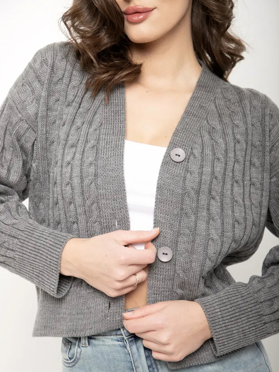 Selene Cardigan by Lauven, cropped gray knit with button closure and textured cable-knit pattern.