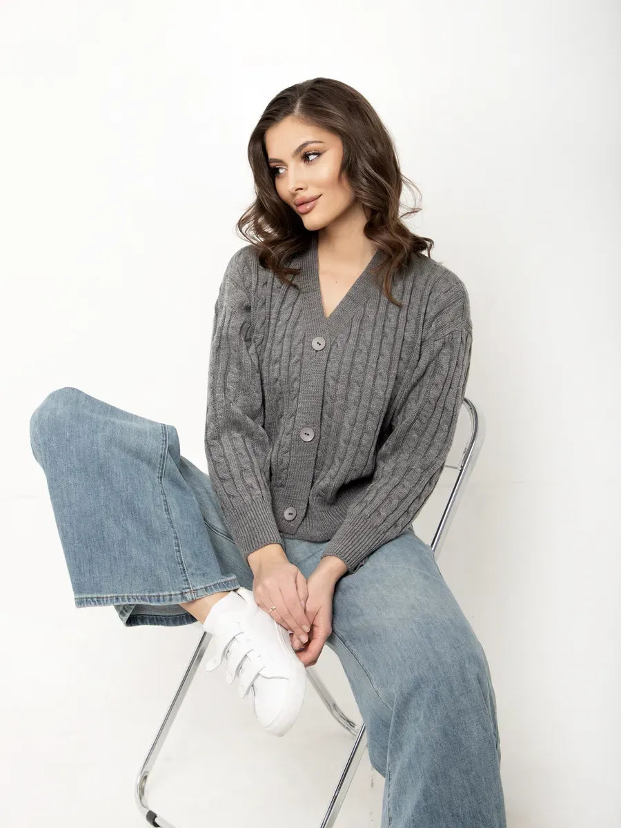 Selene Cardigan by Lauven, cropped gray knit with button closure, perfect for layering and versatile styling.