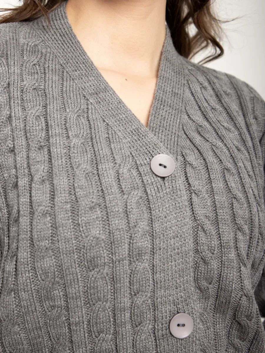 Close-up of the Selene Cardigan by Lauven, featuring textured cable-knit design and button closure in gray.