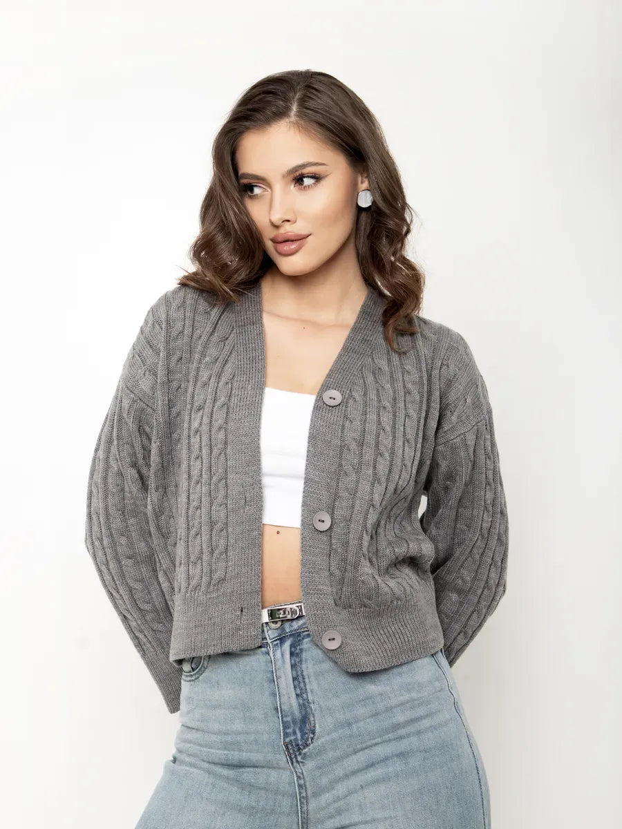 Selene Cardigan by Lauven, cropped gray knit with button closure, featuring a textured cable-knit pattern.