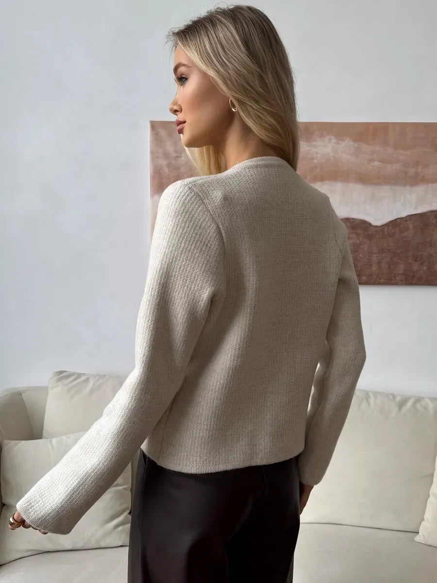 Selene Cardigan by Lauven, chic beige cropped knitwear showcasing a stylish back view.