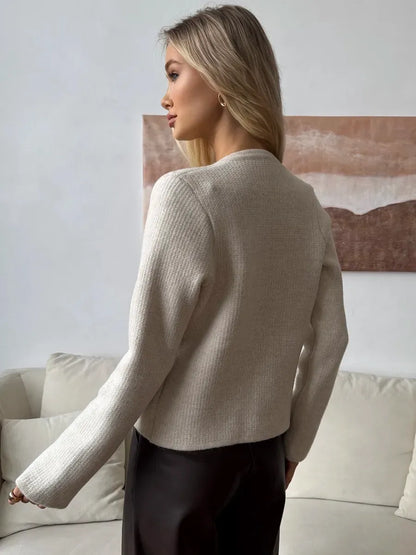 Selene Cardigan by Lauven, chic beige cropped knitwear showcasing a stylish back view.