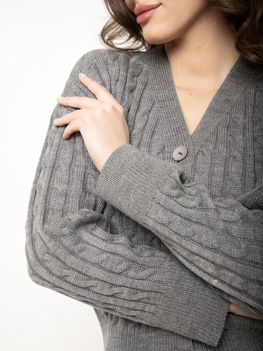 Selene Cardigan by Lauven, stylish cropped gray knit with button closure and textured cable-knit design.