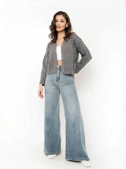 Selene Cardigan by Lauven, cropped gray knit with button closure, featuring oversized fit and textured cable-knit pattern.