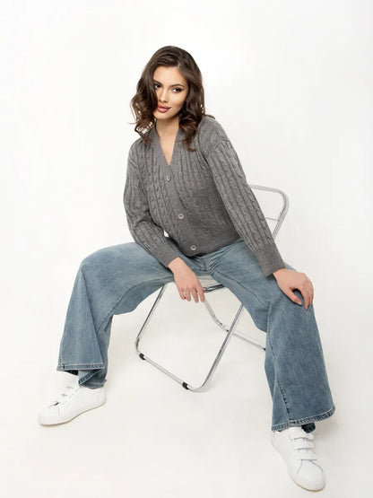 Selene Cardigan by Lauven, cropped gray knit with button closure, paired with wide-leg jeans, showcasing a chic casual look.