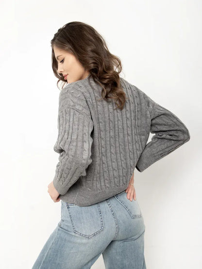 Selene Cardigan - Cropped gray knit with button closure by Lauven, featuring a textured cable-knit pattern.