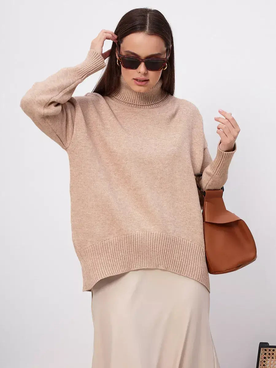 Selene Sweater by Lauven featuring a dark beige turtleneck design, perfect for modern comfort and timeless style.