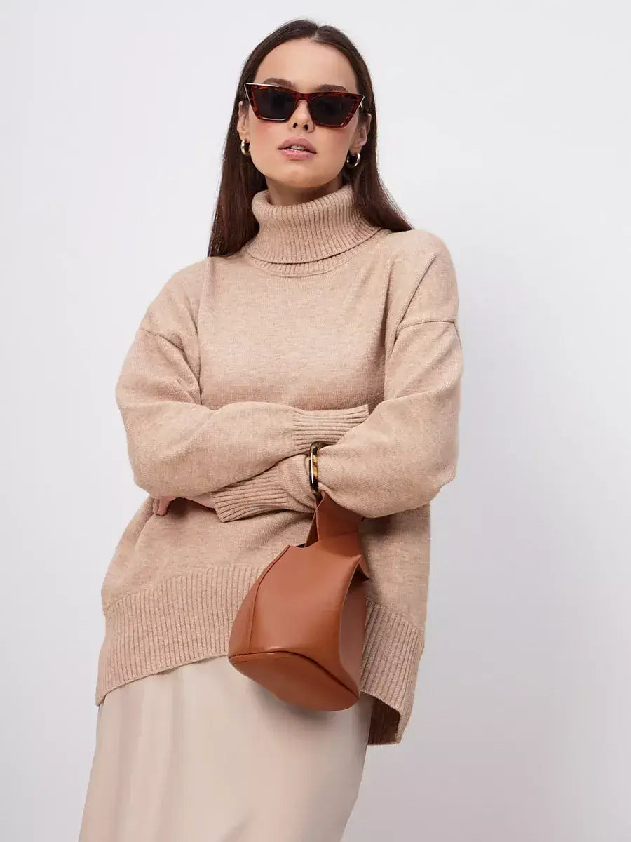 Selene Sweater by Lauven, dark beige turtleneck knitwear essential for women, offering comfort and timeless style.