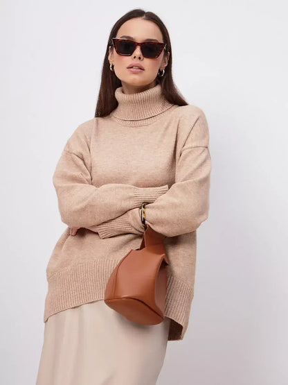 Selene Sweater by Lauven, dark beige turtleneck knitwear essential for women, offering comfort and timeless style.