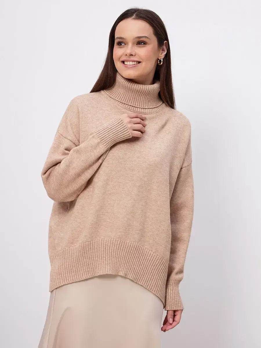 Selene Sweater by Lauven - Women’s dark beige turtleneck knitwear essential for modern comfort.