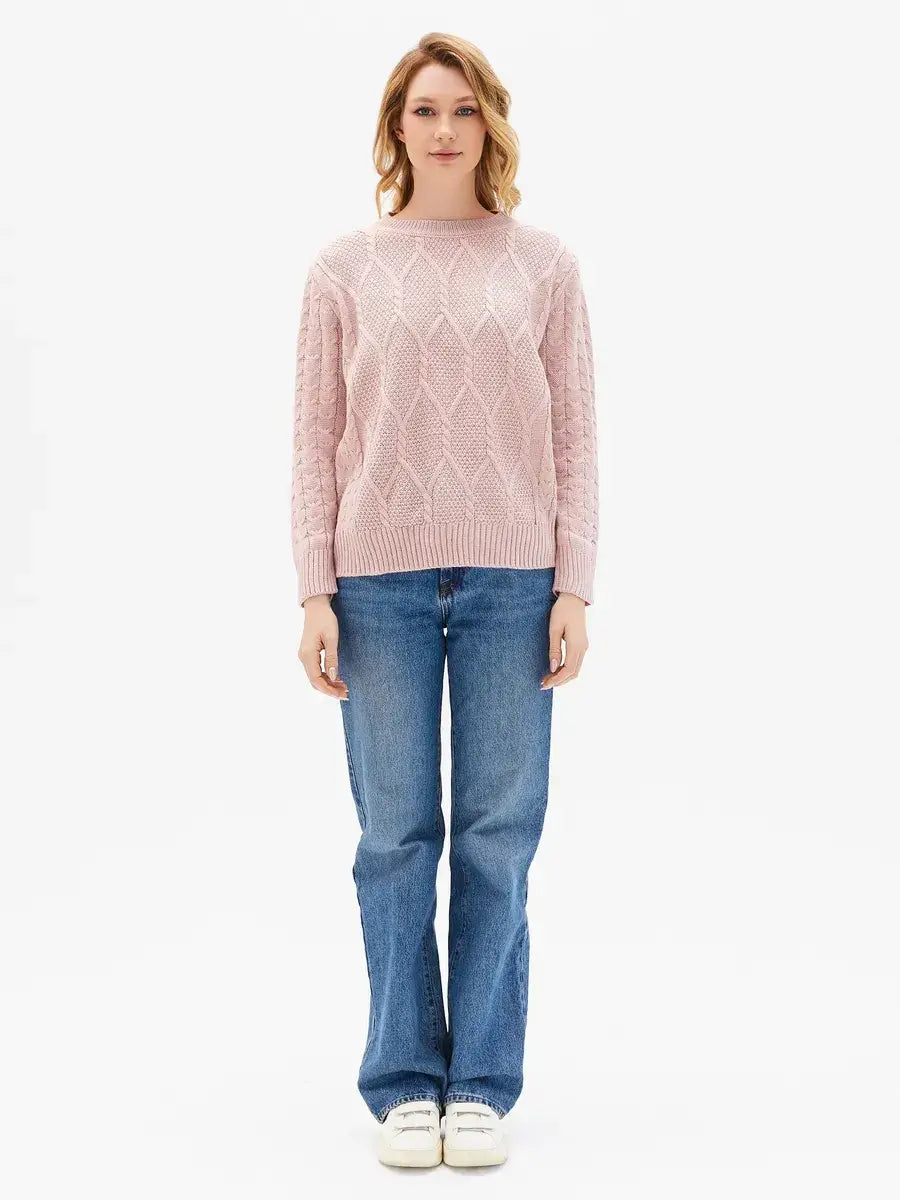 Seren Sweater by Lauven in powder pink, featuring cable knit sleeves and a textured front panel, perfect for stylish comfort.