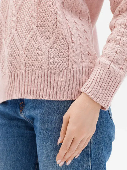 Seren Sweater by Lauven in powder pink, showcasing cable knit design and textured panel, perfect for modern women.