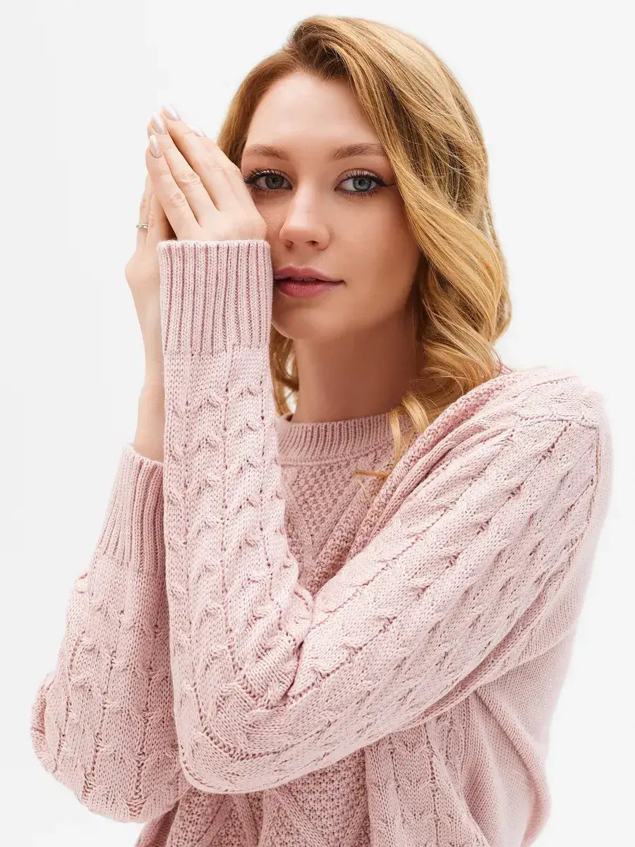 Seren Sweater by Lauven in powder pink, showcasing cable knit sleeves and textured panel for modern style.