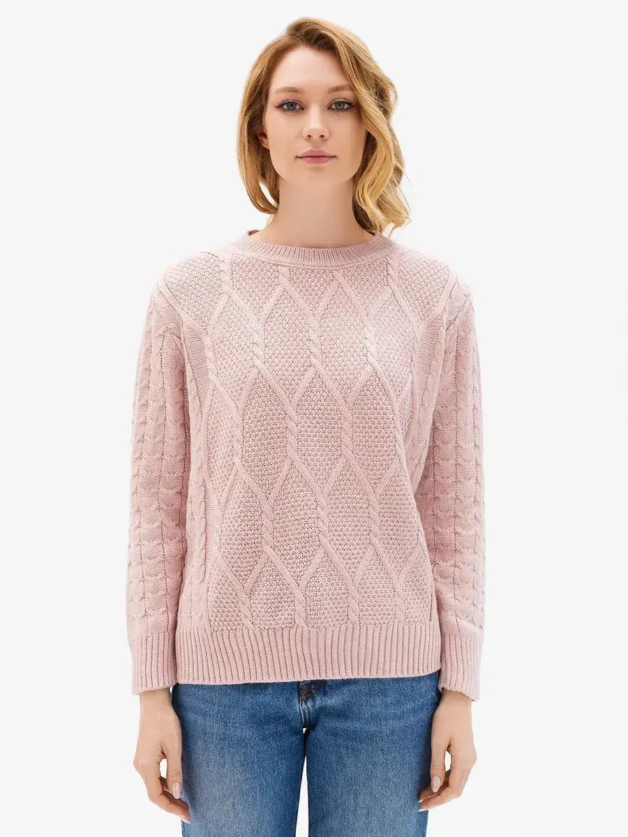 Seren Sweater by Lauven in powder pink wool-acrylic knit, featuring cable knit sleeves and a textured front panel.