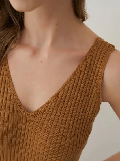 Close-up of the Serena Maxi Dress showcasing its ribbed texture and flattering V-neckline in warm brown.